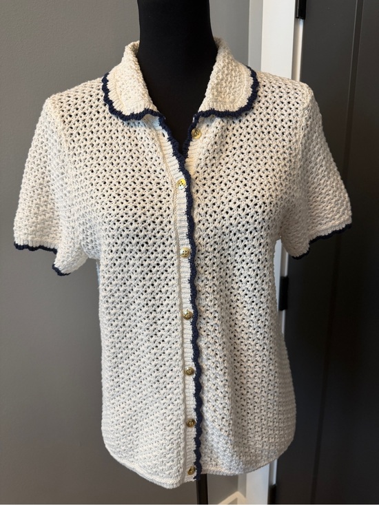 J. Crew Sweaters - J. Crew Cream Short-Sleeve Knit Cardigan with Navy Trim and Gold Buttons